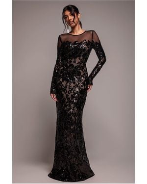 Goddiva Floral Sequin Mesh Maxi - Black