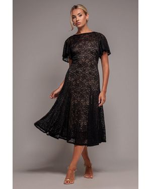 Goddiva Flutter Sleeve Lace A-Line Midi Dress - Black