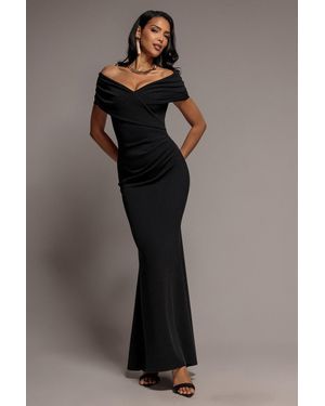 Goddiva Pleated Bardot Wrap Mermaid Maxi Dress - Black