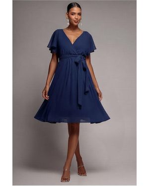 Goddiva Sustainable Flutter Sleeve Chiffon Wrap Midi Dress - Blue