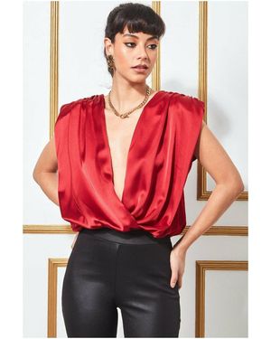 Goddiva Satin Wrap Style Top With Shoulder Pads - Red
