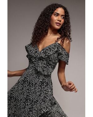 Goddiva Spaghetti Strap Polka Dot Wrap Midi Dress - Multicolour