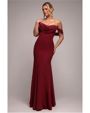 Goddiva Chiffon Bardot Cowl Neck Maxi Dress - Red