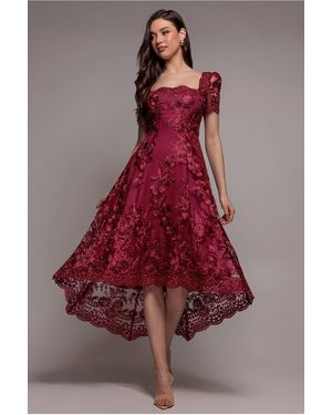 Goddiva Scalloped Neck Embroidered Lace High Low Midi Dress