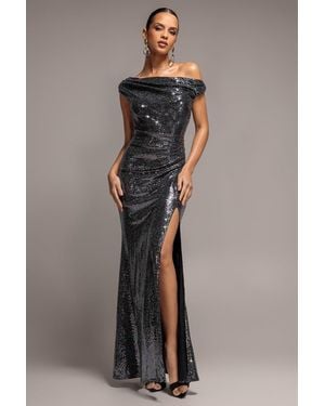 Goddiva Asymmetric One Shoulder Front Split Sequin Maxi Dress - Gray