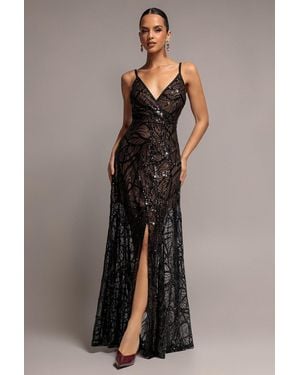 Goddiva Iridescent Sequin Maxi With Front Split - Black