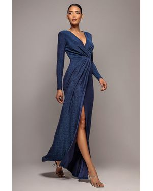 Goddiva Plunge Neck Wrap Front Split Lurex Maxi Dress - Blue