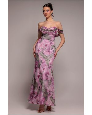 Goddiva Cowl Neck Floral Print Jacquard Chiffon Maxi Dress - Pink