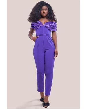 Goddiva Corset Bodice Scuba & Satin Bardot Jumpsuit - Purple