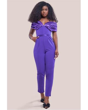 Goddiva Corset Bodice Scuba & Satin Bardot Jumpsuit - Purple