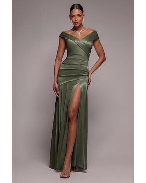 Goddiva Satin Off Shoulder Pleated Maxi Dress - Green