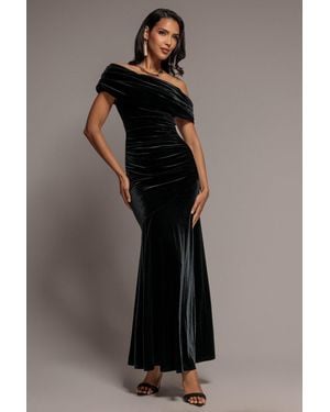 Goddiva Velvet One Shoulder Bardot Fit And Flare Maxi Dress - Black