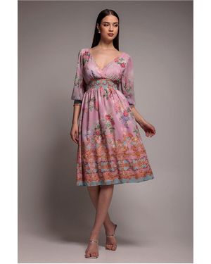 Goddiva Chiffon Wrap Border Floral Print Midi Dress - Pink