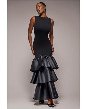 Goddiva Boat Neck Satin & Scuba Crepe Tiered Maxi Dress - Blue