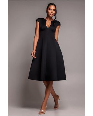 Goddiva Cap Sleeve Plunging V-Neckline A-Line Midi Dress - Black