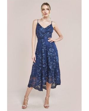 Goddiva Dipped Hem Sleeveless Lace Midi - Blue