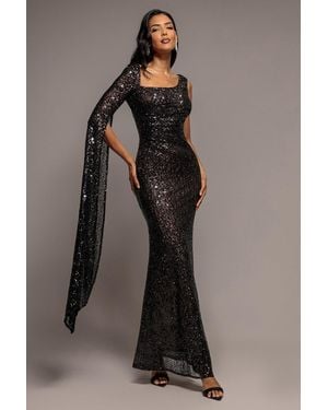 Goddiva One Side Cape Sleeve Sequin Maxi Dress - Brown