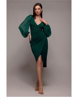 Goddiva Scuba & Chiffon Balloon Sleeve Wrap Midi Dress - Green