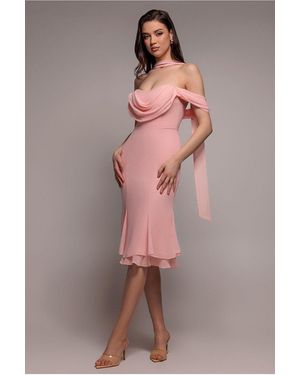 Goddiva Chiffon Cowl Off Shoulder Wing Tiered Midi Dress - Brown