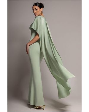 Goddiva Scoop Neck Soft Satin Cape Sleeve Maxi Dress - Green