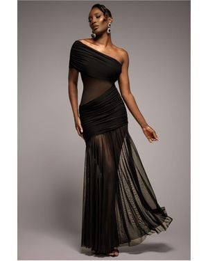 Goddiva Gathered One Shoulder Sheer Panel Maxi Dress - Black