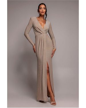 Goddiva Plunge Neck Wrap Front Split Lurex Maxi Dress - Natural