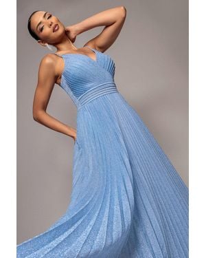 Goddiva Sleeveless Pleated A Line Lurex Maxi Dress - Blue