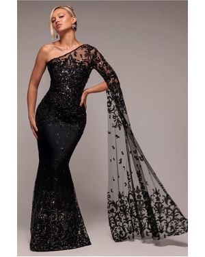 Goddiva Sequin Mesh One Shoulder Evening Maxi - Black