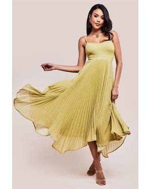 Goddiva Pleated Lurex Midi Dress Tie Back - Yellow