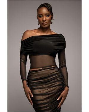Goddiva Gathered Bardot Asymmetric Mesh Panel Top - Black