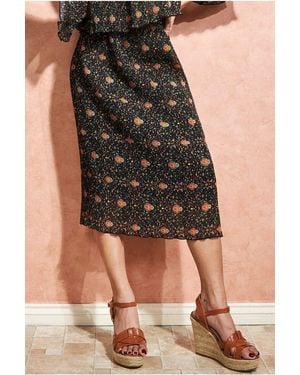 City Goddess Printed Shirred Midi Skirt - Black