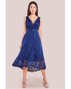 Goddiva Pleated Satin Bodice High And Low Dress - Blue