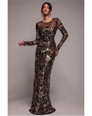 Goddiva Floral Sequin Mesh Maxi - Metallic