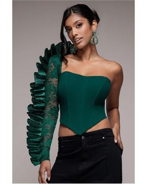 Goddiva One Shoulder Fan Pleat Frill Corset Top - Green