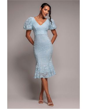 Goddiva Scallop Lace Puff Sleeve Fit & Flare Midi Dress - Blue