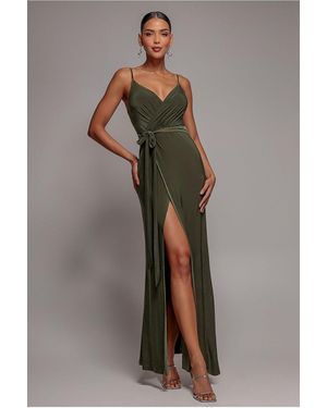 City Goddess Wrap Front Maxi Slip Dress With Waist Tie-Up - Green
