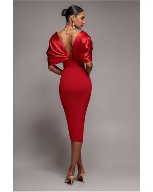 Goddiva Off Shoulder Back Satin Bow Wrap Crepe Midi Dress - Red