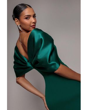 Goddiva Off Shoulder Back Satin Bow Wrap Crepe Midi Dress - Green