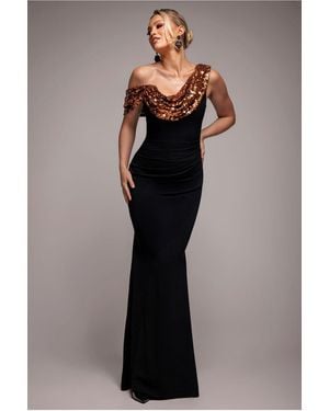 Goddiva Cowl One Shoulder Contrast Sequin & Scuba Crepe Maxi Dress - Blue