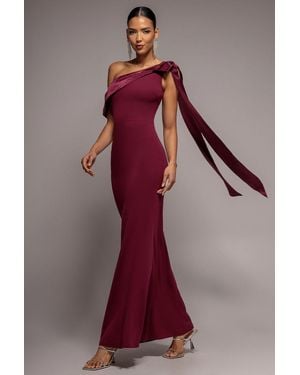 Goddiva One Shoulder Velvet Satin Bow Cape Maxi Dress - Red