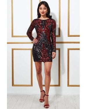 Goddiva Boat Neck Full Sleeve Sequin Midi Dress - Red