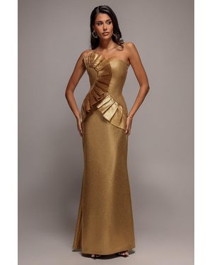 Goddiva Sweetheart Bandeau With Organza Fan Detail Scuba Maxi Dress - Brown
