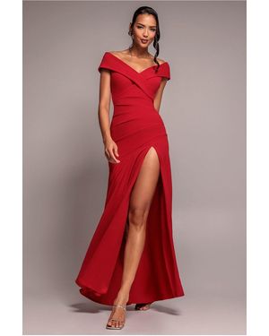 Goddiva Scuba Crepe Off Shoulder Front Split Maxi Dress - Red