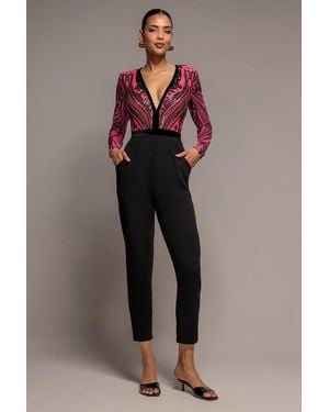 Goddiva Deep V Neck Sequin Embroidered Jumpsuit - Multicolour
