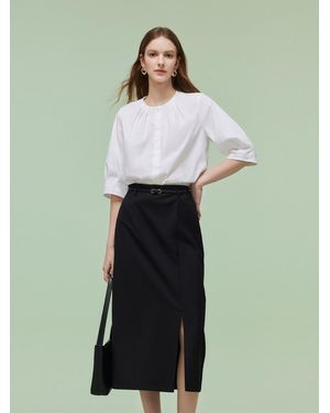 GOELIA 3/4 Sleeve Shirt And Front Slit Skirt Two-Piece Set With Leather Belt - Green