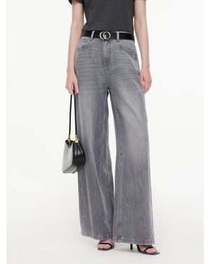 GOELIA Lyocell Cotton Blend Denim Straight Wide Leg Jeans With Leather Belt - Gray