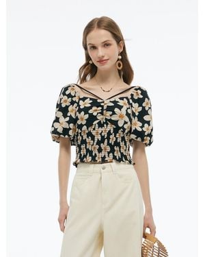 GOELIA Cotton Stretch Floral Print Smocked Top - Multicolor