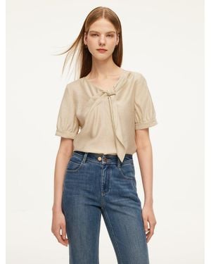 GOELIA Tencel Acetate Linen Blend Tie Neck Blouse - Blue