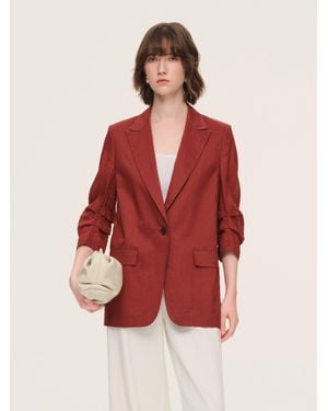 GOELIA 100% Ramie 3/4 Ruched Sleeve Blazer - Red