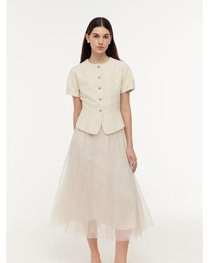 GOELIA Tweed Sequins Short Sleeve Jacket And Mesh Skirt Two-Piece Set - Natural